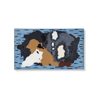 A colorful abstract painting featuring a central figure with organic shapes against a blue background.