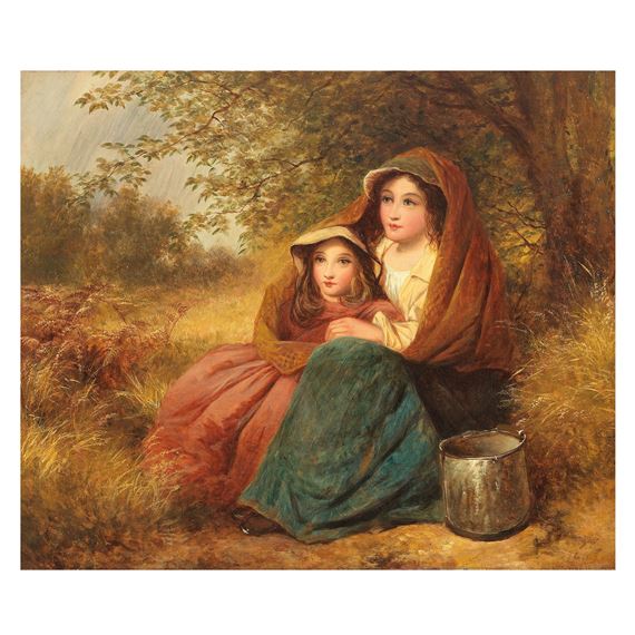 A tender pastoral scene of two figures sharing a quiet moment under the shelter of trees.