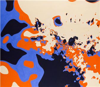 A dynamic abstract composition featuring bold, organic shapes in deep blue, vibrant orange, and stark black against a pale background.