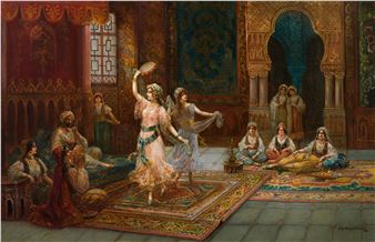 A vibrant historical painting of an opulent indoor gathering featuring two central figures dancing before seated guests.