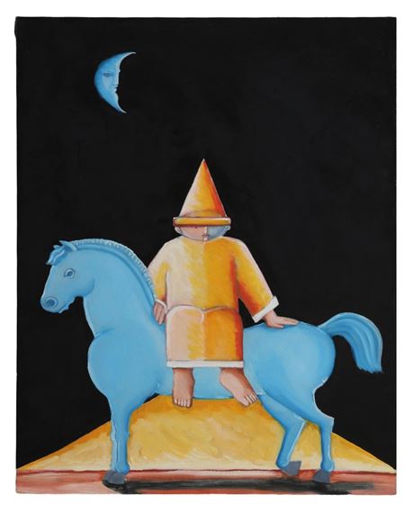 A surreal painting of a figure in a conical hat riding a blue horse against a dark night sky.