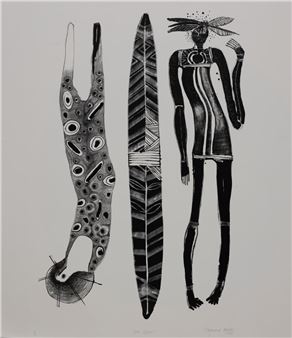 A black-and-white graphic print featuring three distinct, stylized figures side by side.