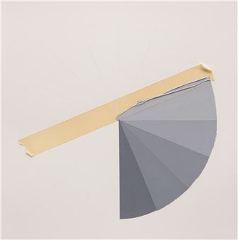 A minimalist composition featuring a folded gray fan shape attached to a long beige strip against a plain background.