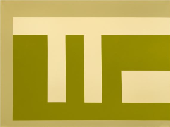 A minimalist geometric composition featuring bold olive green and cream shapes against a neutral background.