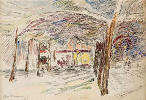 "A sketchy, impressionistic street scene with a covered market area and figures.