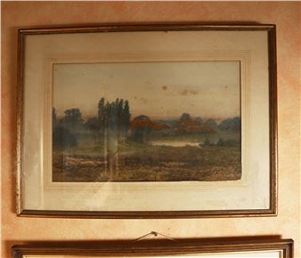 A framed landscape painting of a rural scene with distant trees and fields under a muted sky.