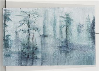 An atmospheric abstract painting of a misty forest in cool blue tones.