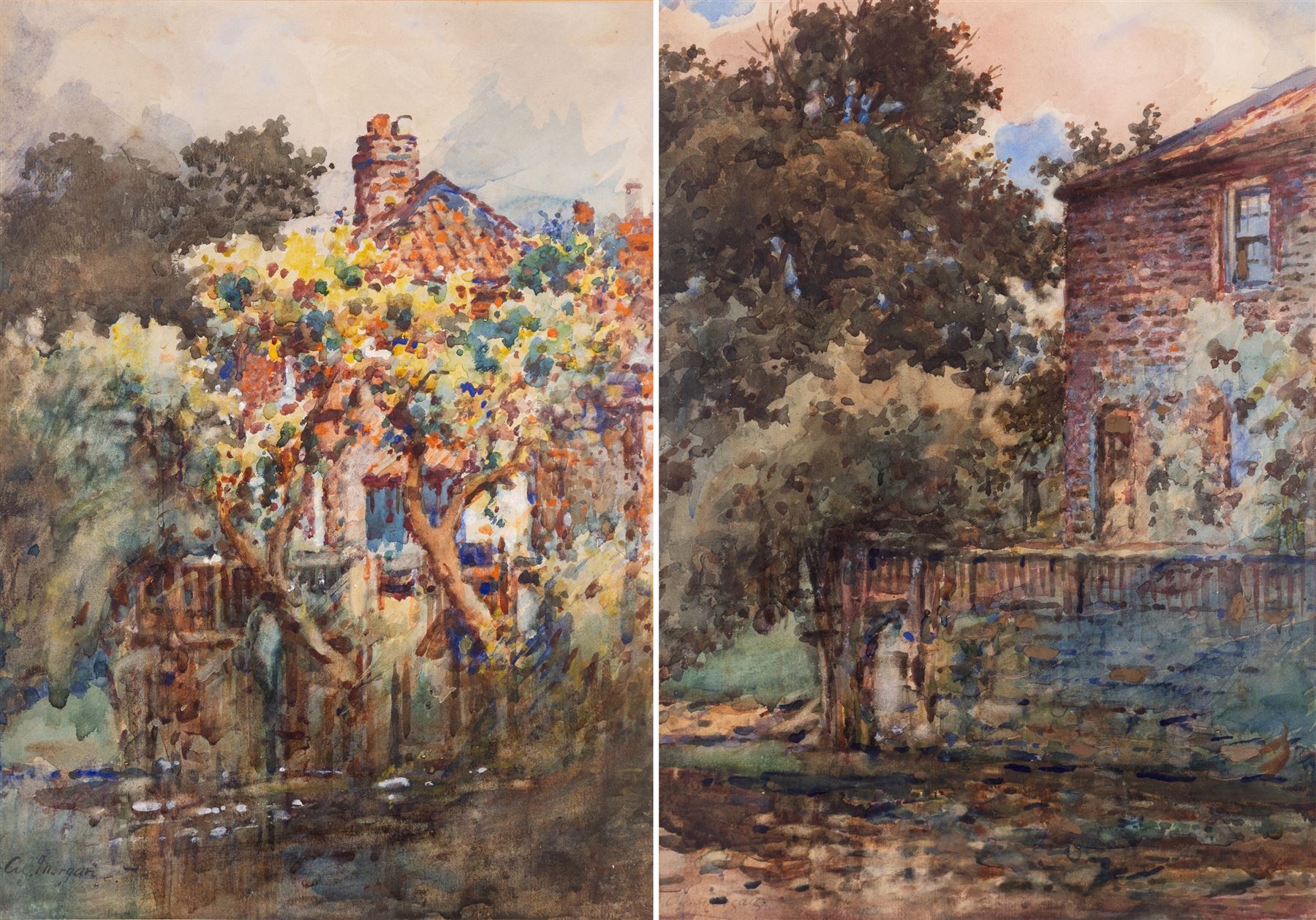 Alfred George Morgan | Cottage Scenes, two watercolours | MutualArt