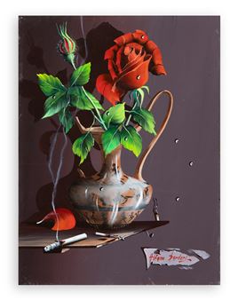 A still life painting of a red rose in a vase with scattered cigarettes and a torn paper tag.