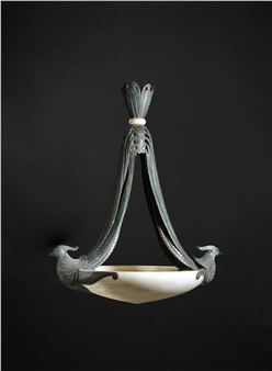 Rare bronze chandelier with antique green patina featuring two venerated pheasants with outstretched wings setting the wide alabaster bowl