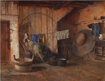 A rustic interior scene filled with laundry, wooden furniture, and large metal vessels.