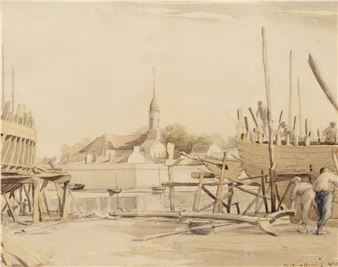 A drawing of a boat being built in a harbor.