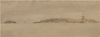 A panoramic coastline, with three-masted sailing vessel - William Lionel Wyllie