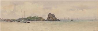 Sailing boats off a rocky promentory, signed, watercolour, 8.5 x 26cm; and another by the same hand - shipping in a swell, 11.5 x 23.5cm - William Lionel Wyllie