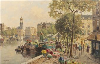 A painting of people walking down a street next to a river.
