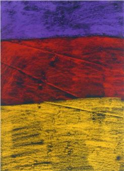 A bold abstract composition featuring three horizontal bands of textured color.