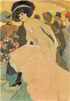 A painting of a woman in a pink dress and hat.