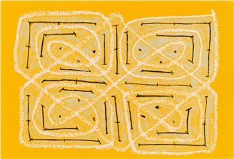 A geometric composition of four interlocking mazes on a yellow background.