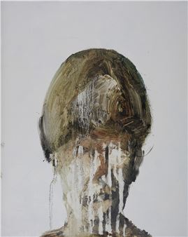 A portrait of a figure with white paint dripping down the face from a textured head.