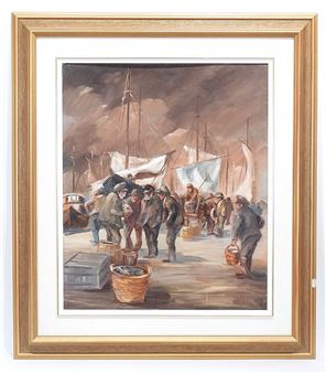 A bustling harbor scene filled with figures, boats, and crates under a moody sky.