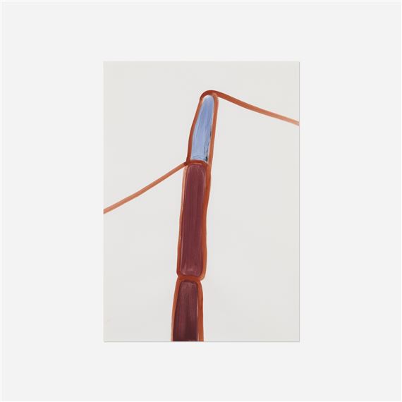 A minimalist painting of a segmented, reddish-brown vertical form with a blue tip against a pale background.