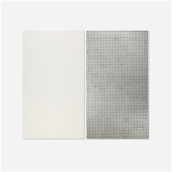 A minimalist diptych featuring a blank canvas and a grid-patterned surface.
