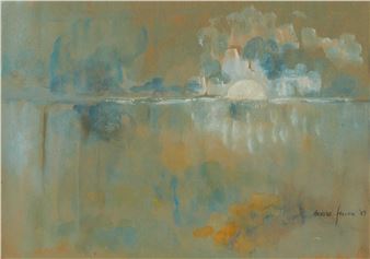 A watercolor landscape of a sun setting over a calm body of water.