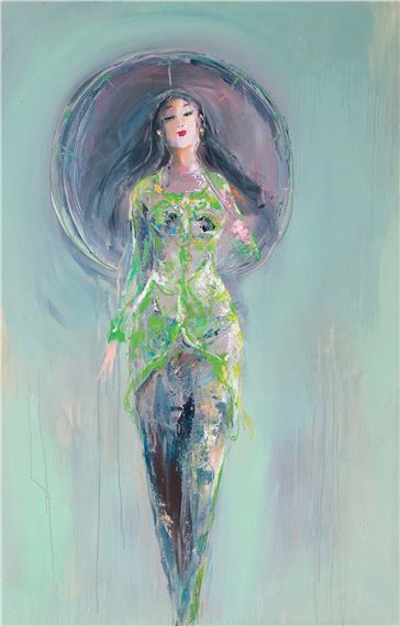 A painting of a woman in a green dress and hat.