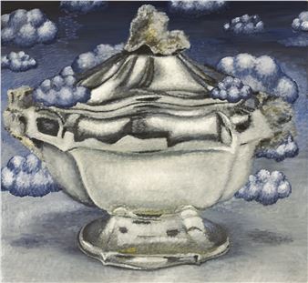 A metallic silver tureen with a lid, set against a surreal sky of blue clouds.