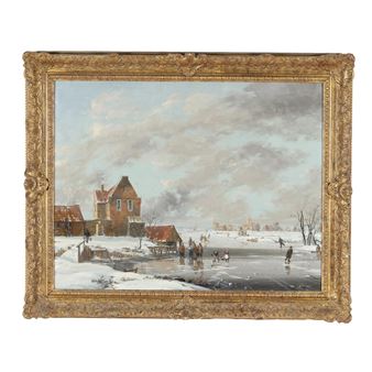 A winter landscape painting depicting a frozen river scene with figures ice skating and snow-covered buildings.