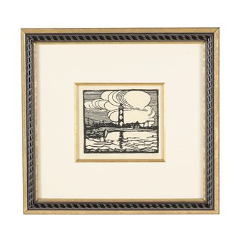 A framed woodcut print of a lighthouse under dramatic clouds.