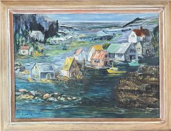 A painting of a small town by the water.