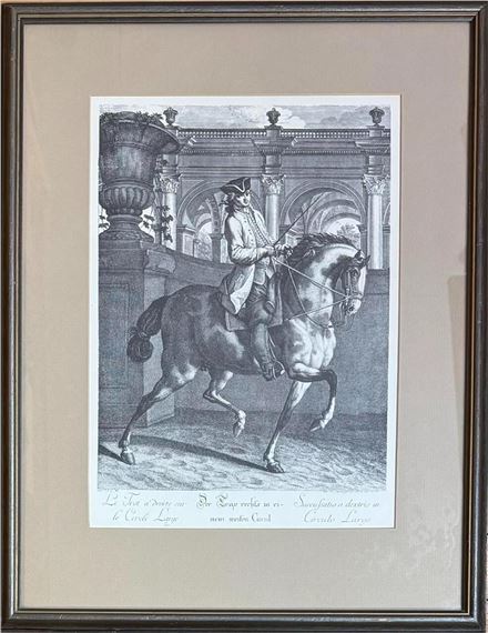 A monochromatic etching of a mounted figure in an architectural setting.