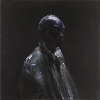 A moody portrait of a bald figure in profile against a dark background.