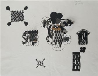 A black and white drawing of various objects on a piece of paper.