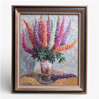 A vibrant still life painting of colorful lupine flowers in a vase.