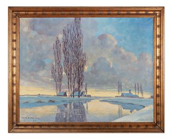 A serene winter landscape featuring tall bare trees and a frozen river under a cloudy sky.