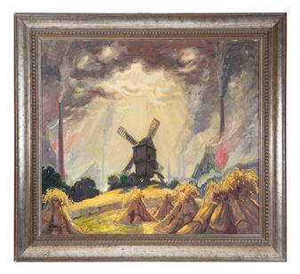A dramatic landscape painting featuring a windmill under an industrial sky with smokestacks and haystacks in the foreground.