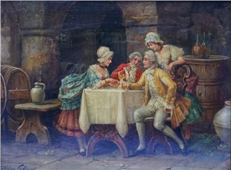A historical painting of four figures in 18th-century dress sharing a meal at a rustic stone table.
