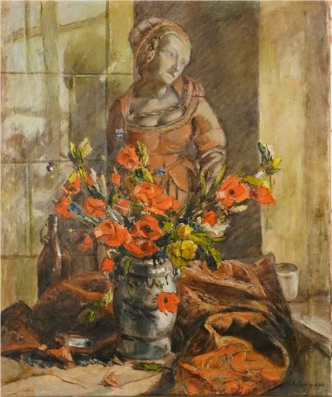Karl Neumann | Stilleben mit Frauenfigur und rotem Mohn (1865) | MutualArt