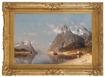 A serene landscape painting of a fjord with snow-capped mountains, calm water, and small boats under a cloudy sky.