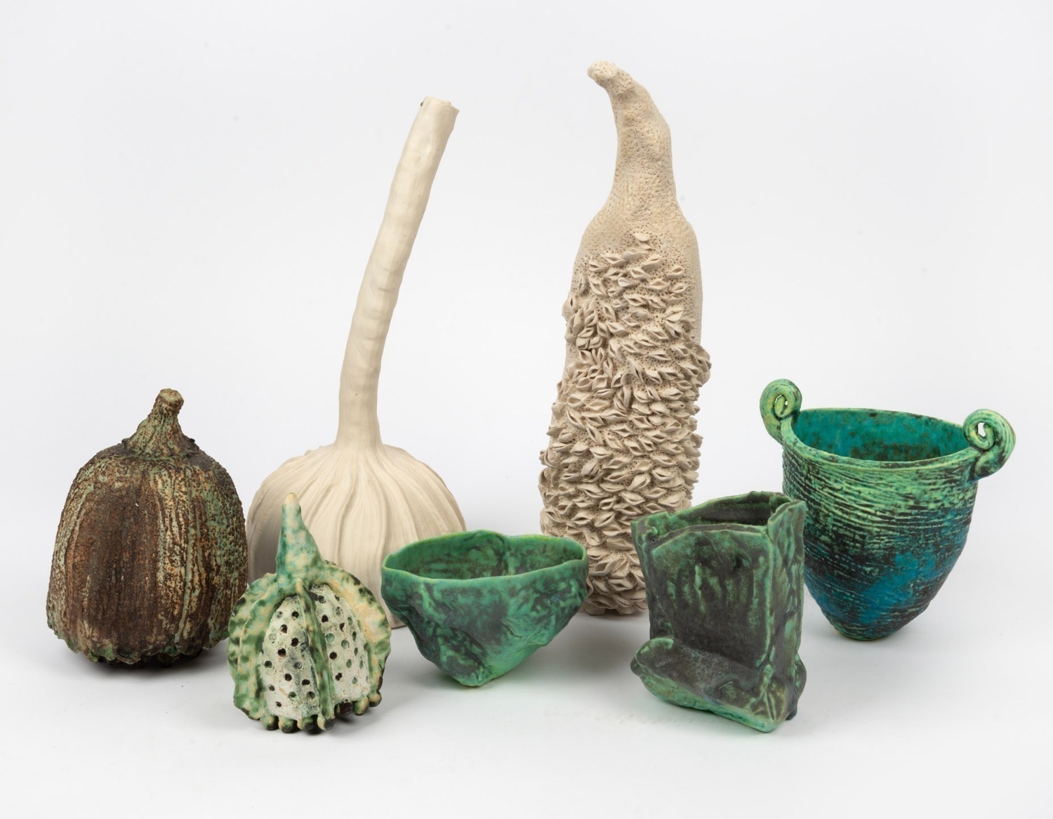 Merran Esson | Seven assorted ceramic vases and seed pod ornaments ...