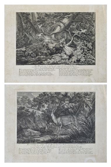 A pair of black-and-white woodcut prints depicting deer in dense forest settings.