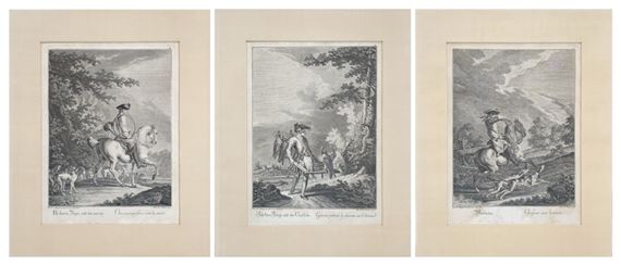 A triptych of black-and-white etchings depicting figures in pastoral landscapes.