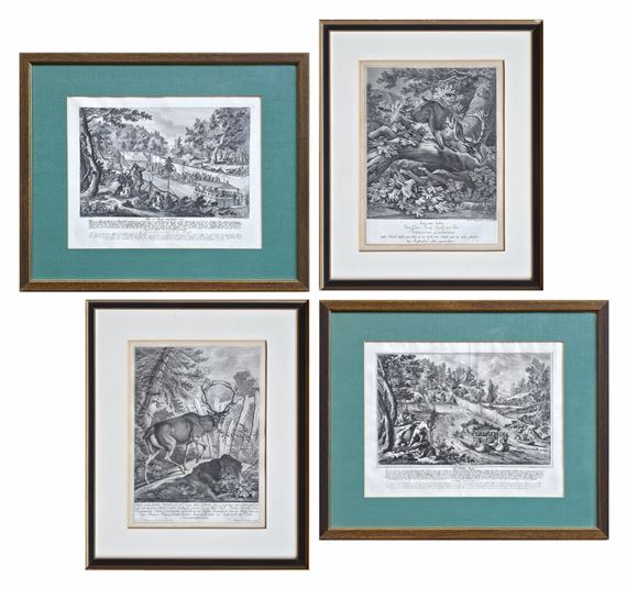 A collection of four framed black-and-white etchings depicting nature scenes and animals.