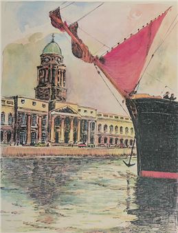 A drawing of a boat with a red sail in front of a building.