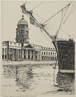A drawing of a boat in front of a large building.