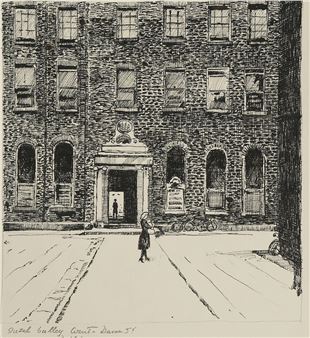 A black and white drawing of a person walking down a street.
