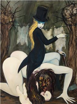 A surreal painting of a top-hatted figure perched on a nude form, with a dark, mask-like creature at the base.