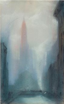 A misty urban street scene featuring a distant, glowing spire.